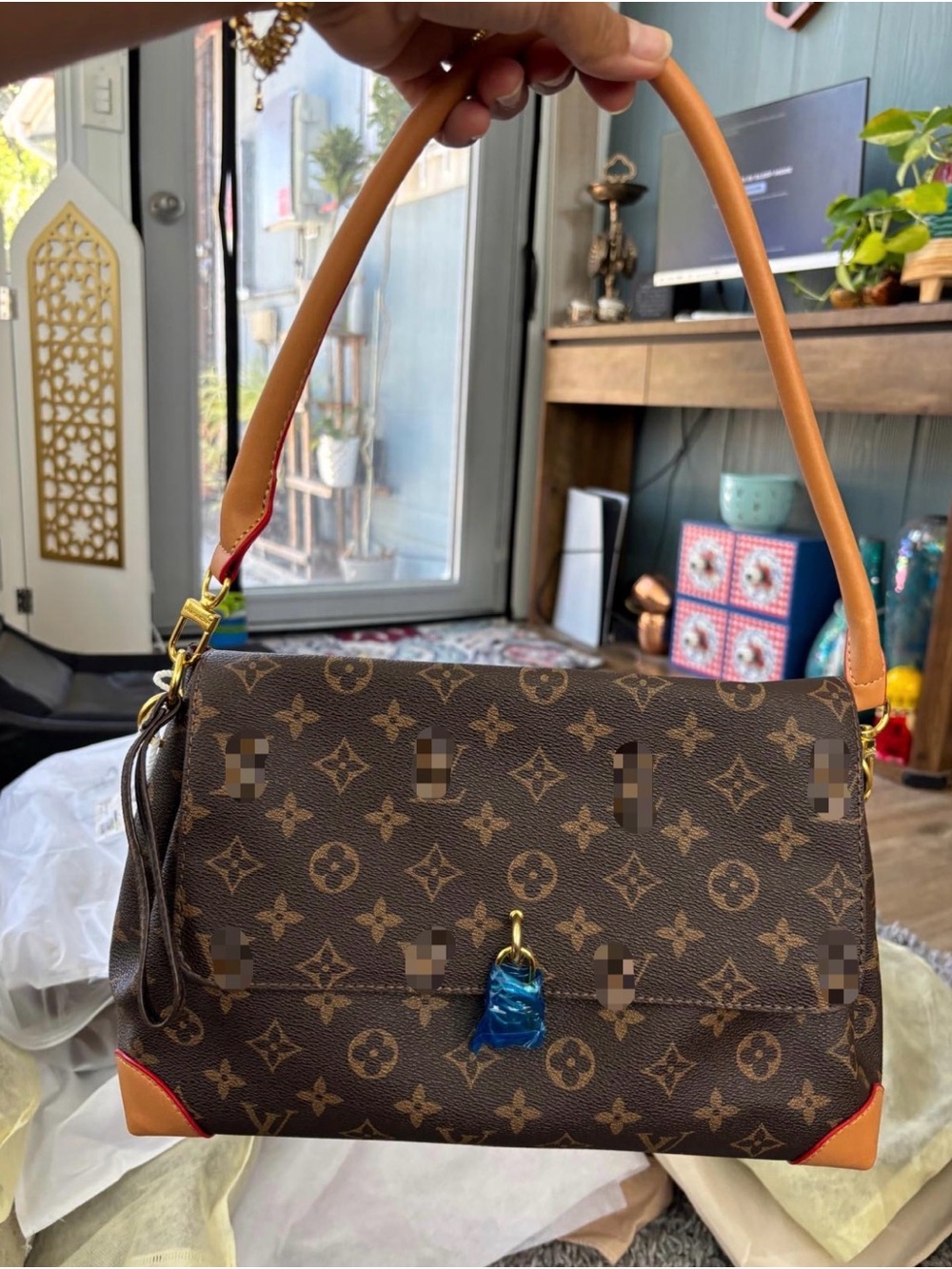 Monogram-Design Shoulder Bag in Brown and Tan